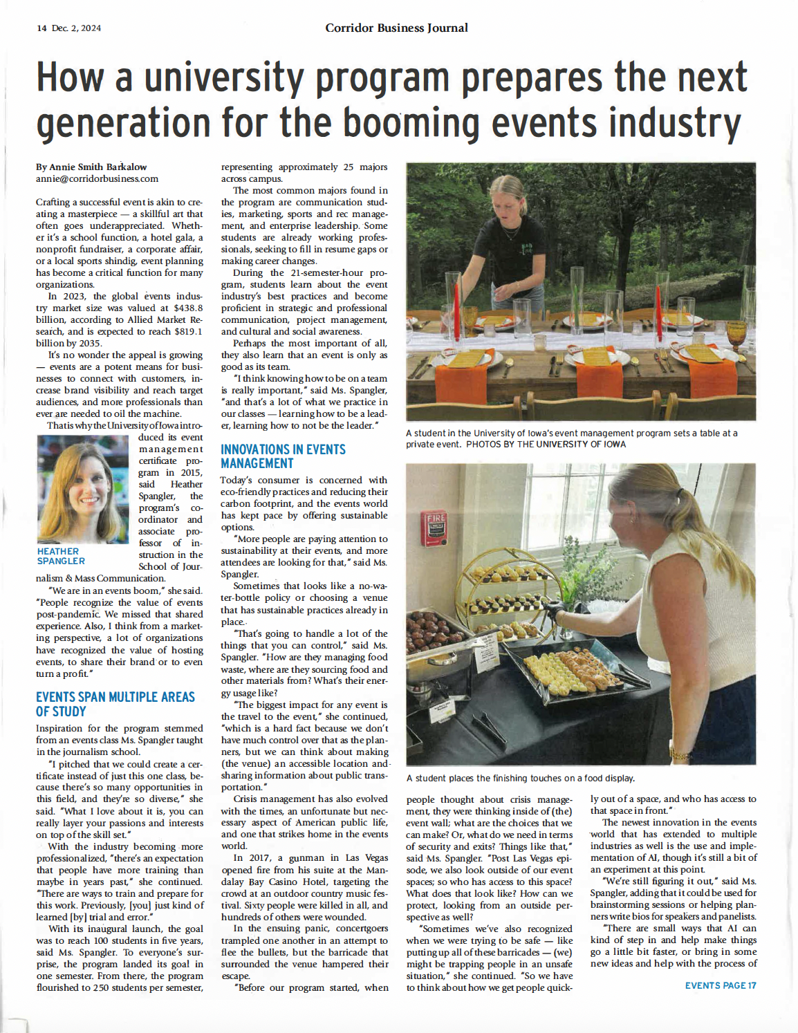 Screenshot of Heather Spangler's chat with CBJ about the Event Management Certificate which includes pictures of Heather and the program